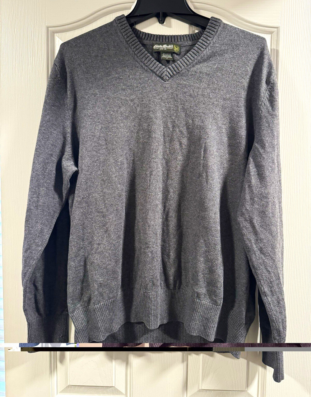 Eddie Bauer Men's Gray Cotton Cashmere Knit V-Neck Pullover Sweater L